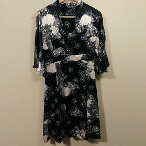 Satin Floral Dress Black White Asian Short PeekABoo Whimsygoth Fairy Grunge Sz M